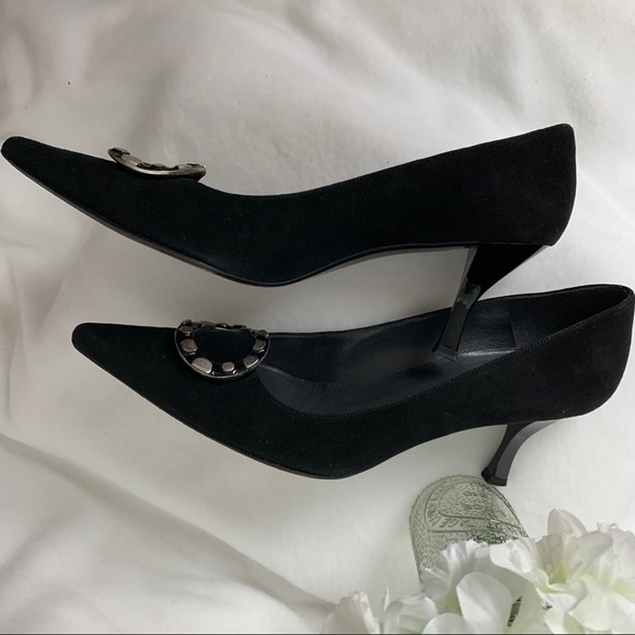 Stuart Weitzman Black Suede Heels w/Buckle Sz 8.5 - Picture 5 of 13